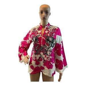 Ethnic by Outfitters Women's Tunic Top Size Small Pink Floral Embroidered Shirt